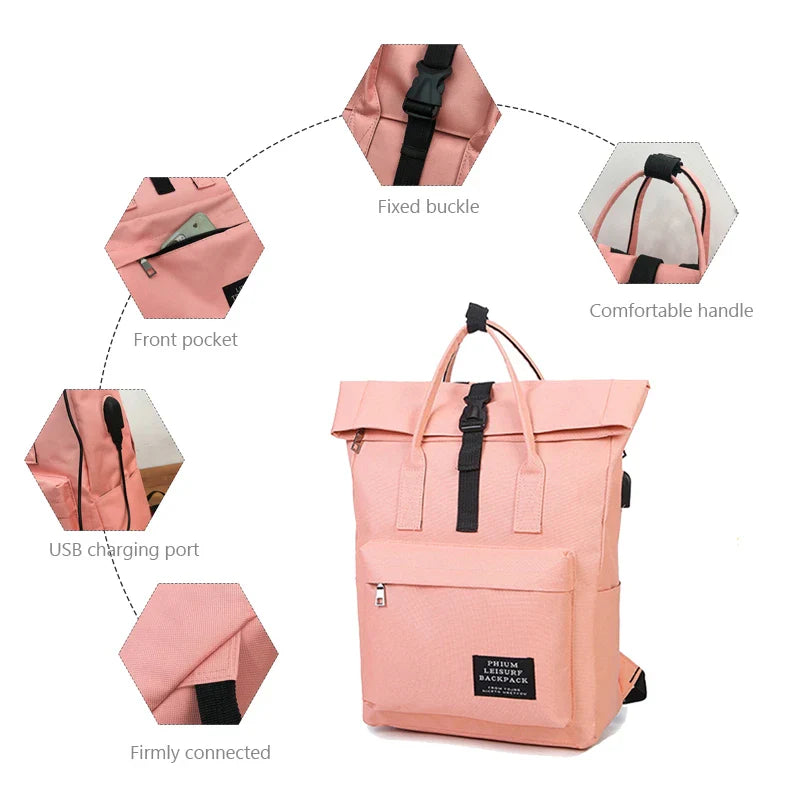 Lady's Leisure Shoulder bag 15 inch Laptop Backpack Woman Canvas Roll Top Travel bag USB Charging Port Schoolbag