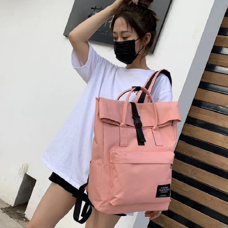 Lady's Leisure Shoulder bag 15 inch Laptop Backpack Woman Canvas Roll Top Travel bag USB Charging Port Schoolbag