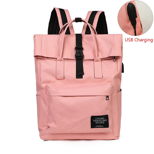 Lady's Leisure Shoulder bag 15 inch Laptop Backpack Woman Canvas Roll Top Travel bag USB Charging Port Schoolbag