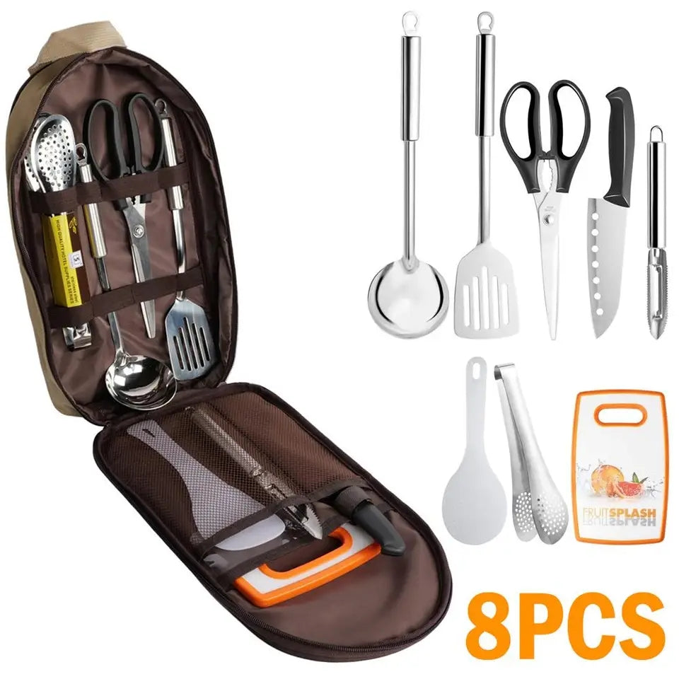 8 Pcs/set Outdoor Camping Cookware Set With Knife Utensil Spoon Portable